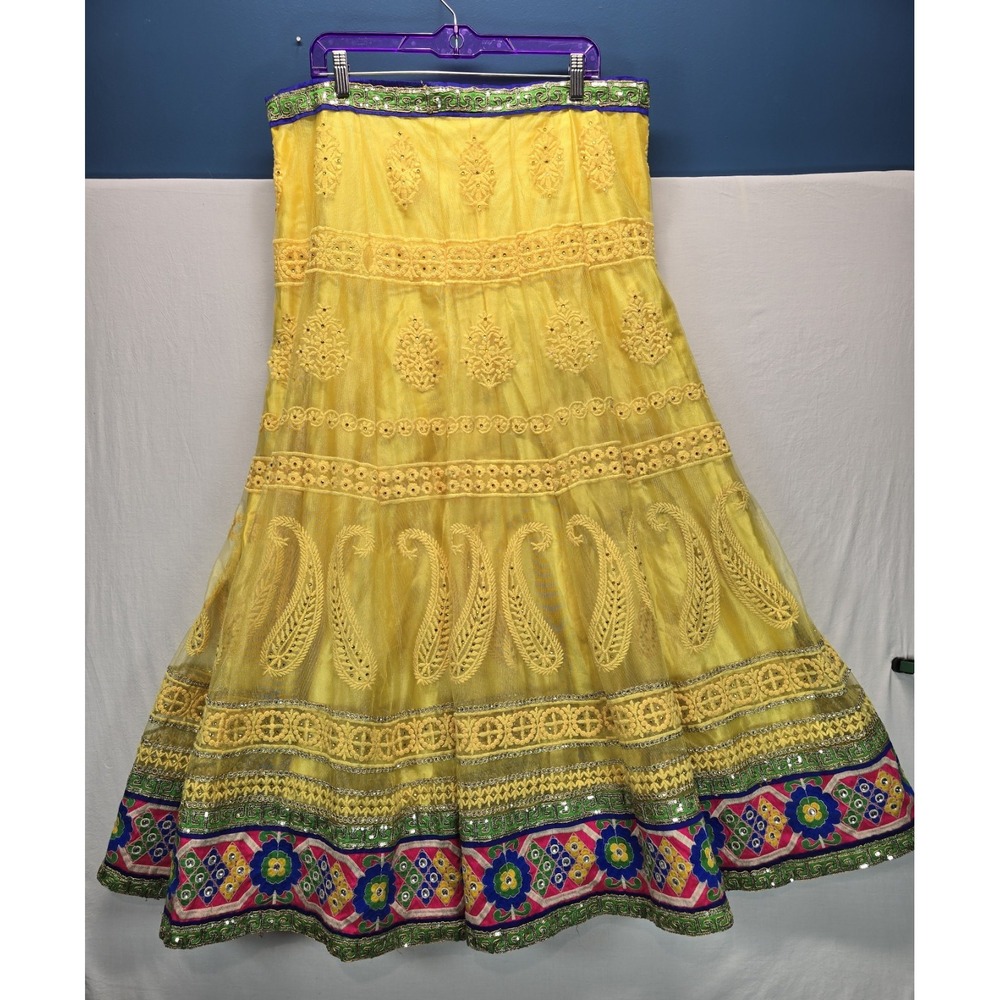 Indian Lehenga Skirt Yellow Embroidered Mirror Work Boho Festival Bollywood